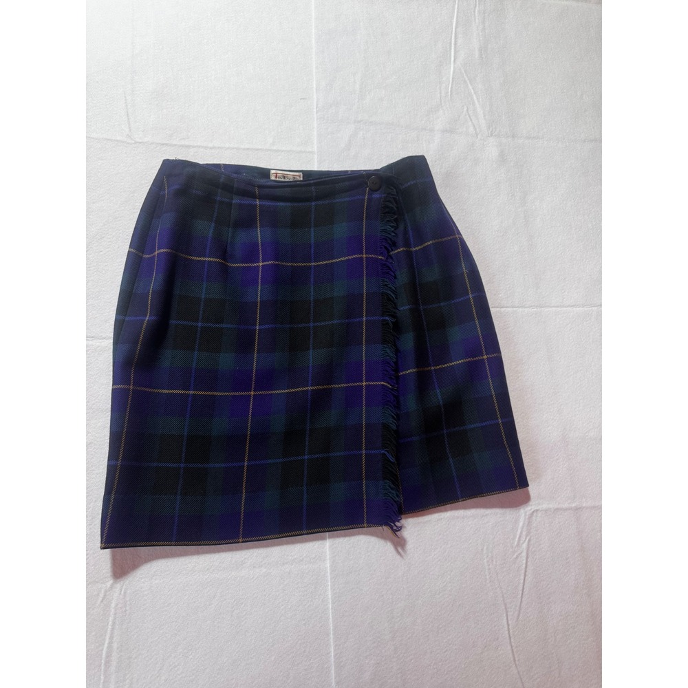 Talbots Wool Plaid Wrap Skirt Womens 16 Black Watch Tartan Fringed Mini Kilt USA